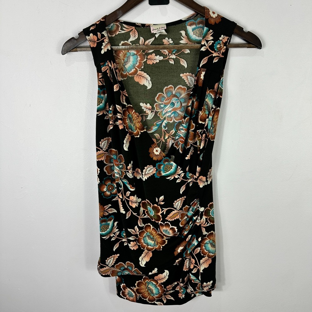 Vtg Y2K Top Check It Out Sleeveless Brown Floral Draped Surplice Boho Romantic M